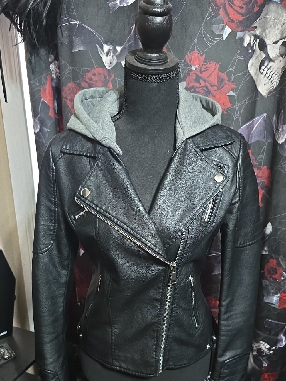 Ardene Black Faux Leather Moto Jacket with Gray Hood